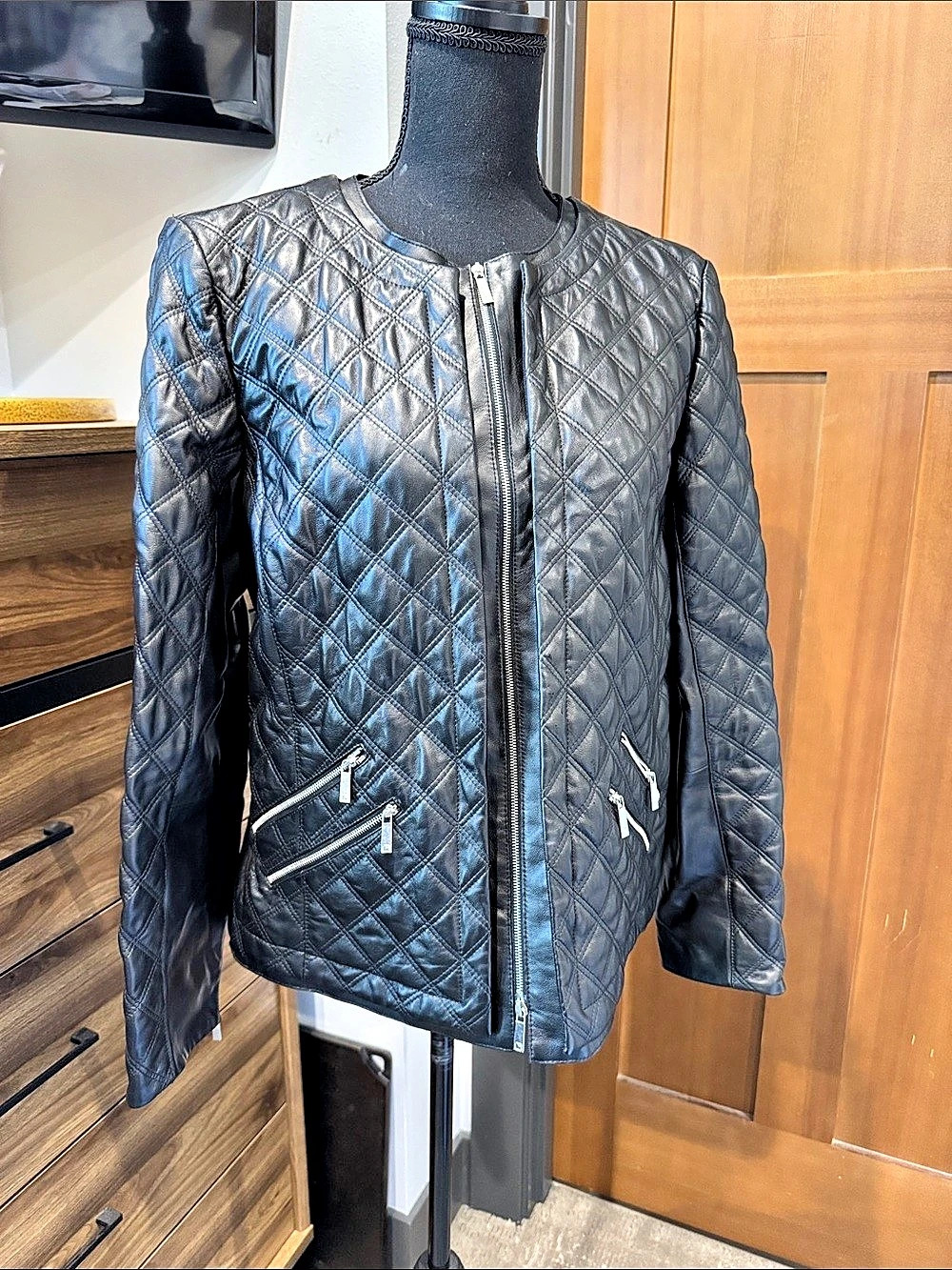 Lafayette 148 New York Quilted Leather Jacket Black Size 12